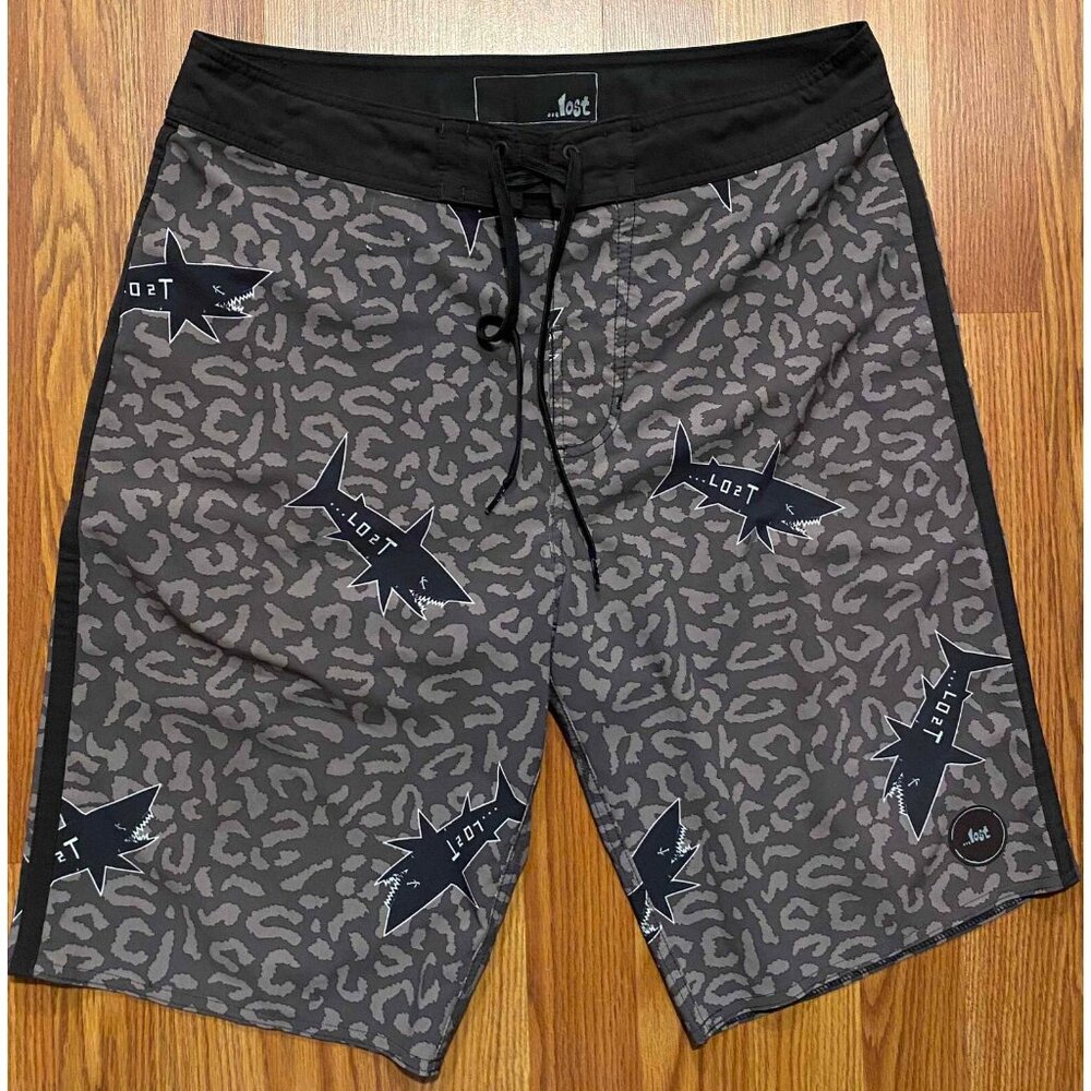 Lost Enterprises Board Shorts Mens 32 12" Fish Geometric AOP Swim Trunks